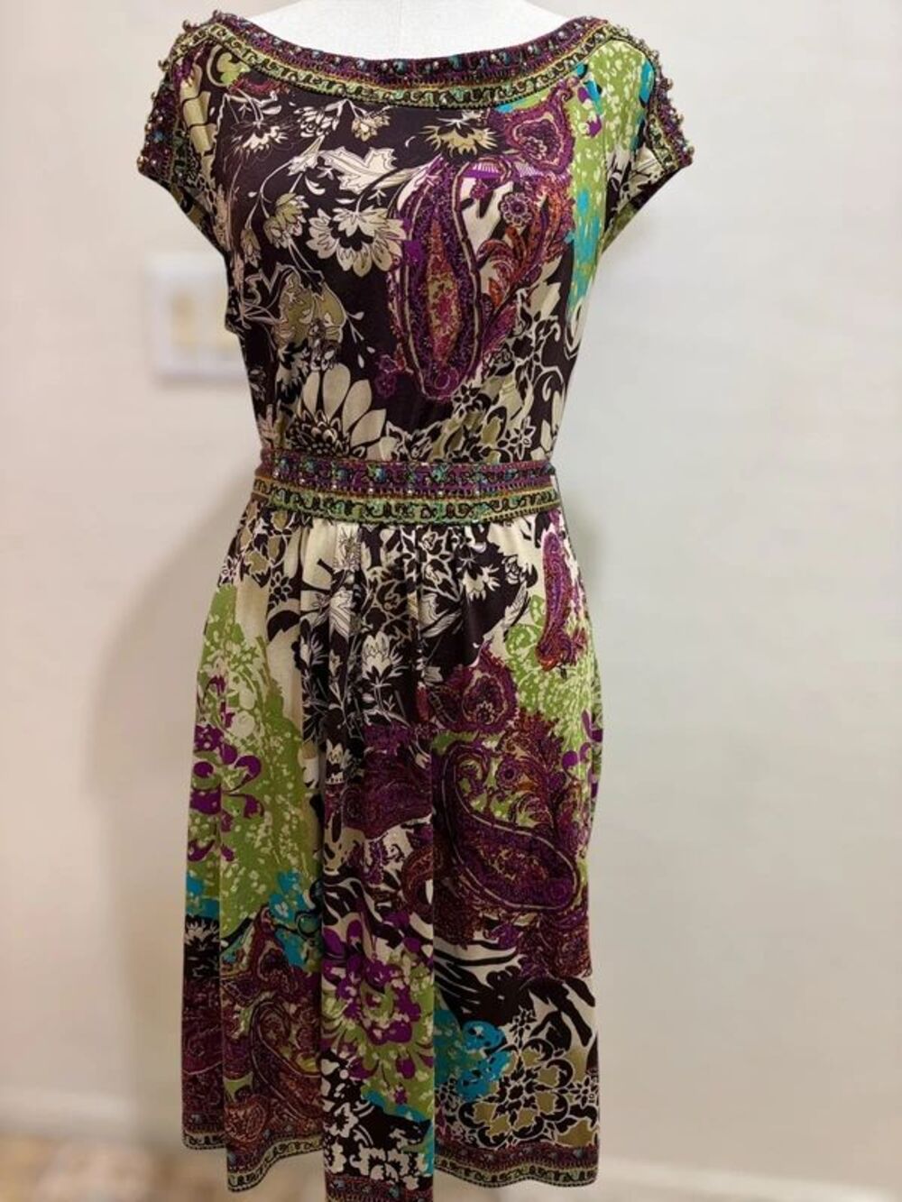 ECI New York Beaded Paisley Floral Midi Dress Women’s M Boho Y2K Embellished